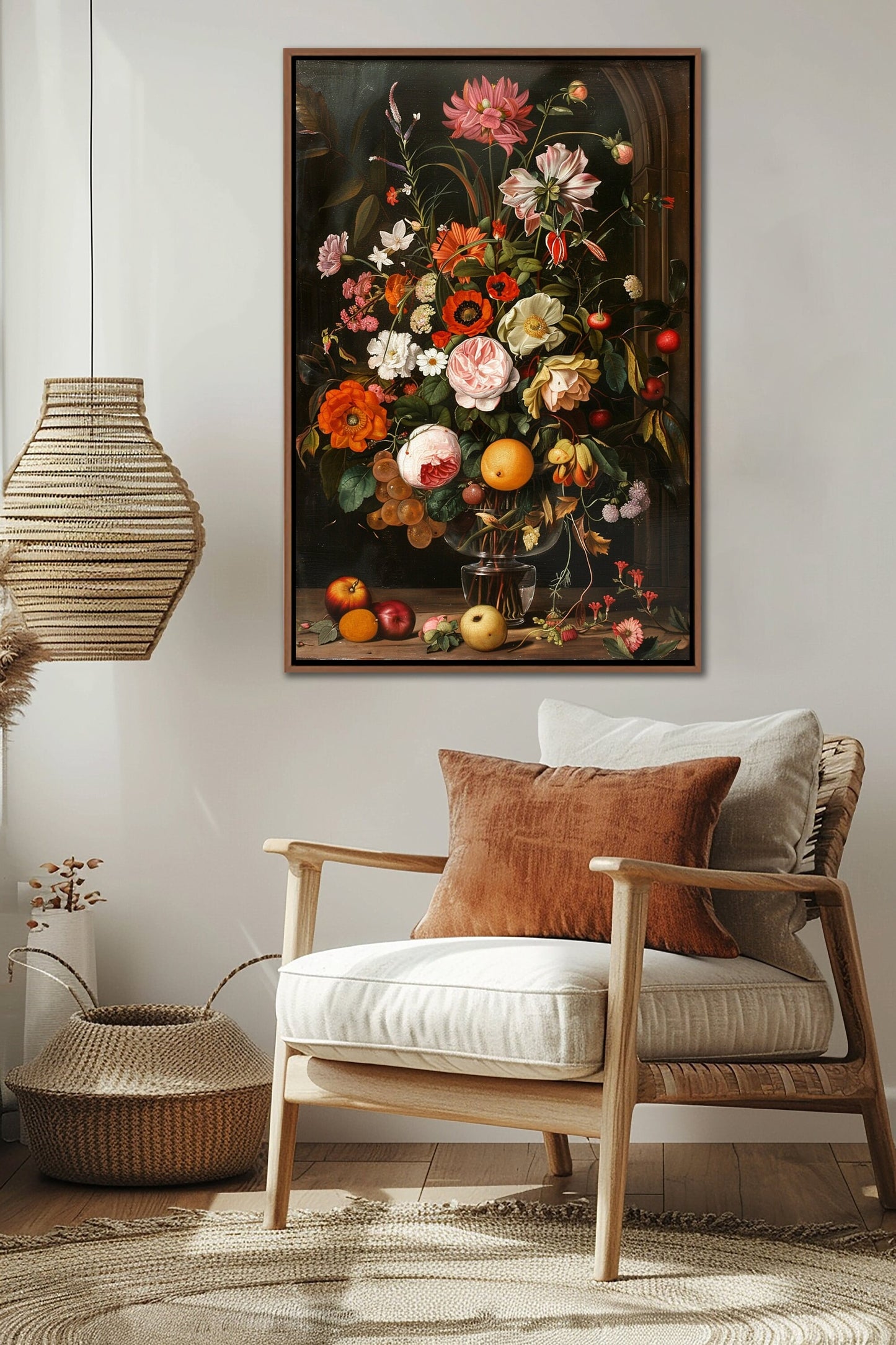 Still Life With Flowers and Fruits Wall Art – Framed Canvas Print of Classic Floral & Fruit Painting