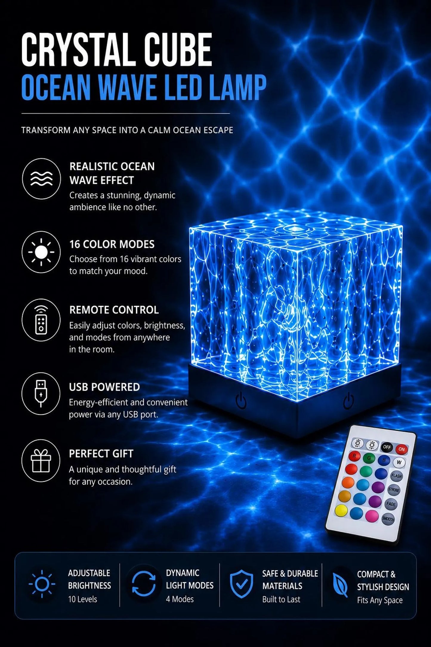 Water Wave Projector Lamp, 16 Color Crystal LED Night Light
