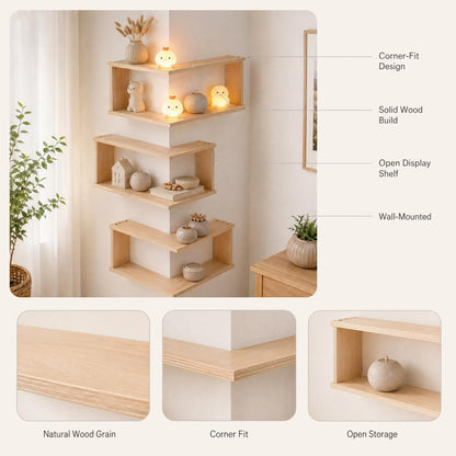 Corner Floating Wood Shelf – Wall Mounted Display Rack for Plants and Ornaments