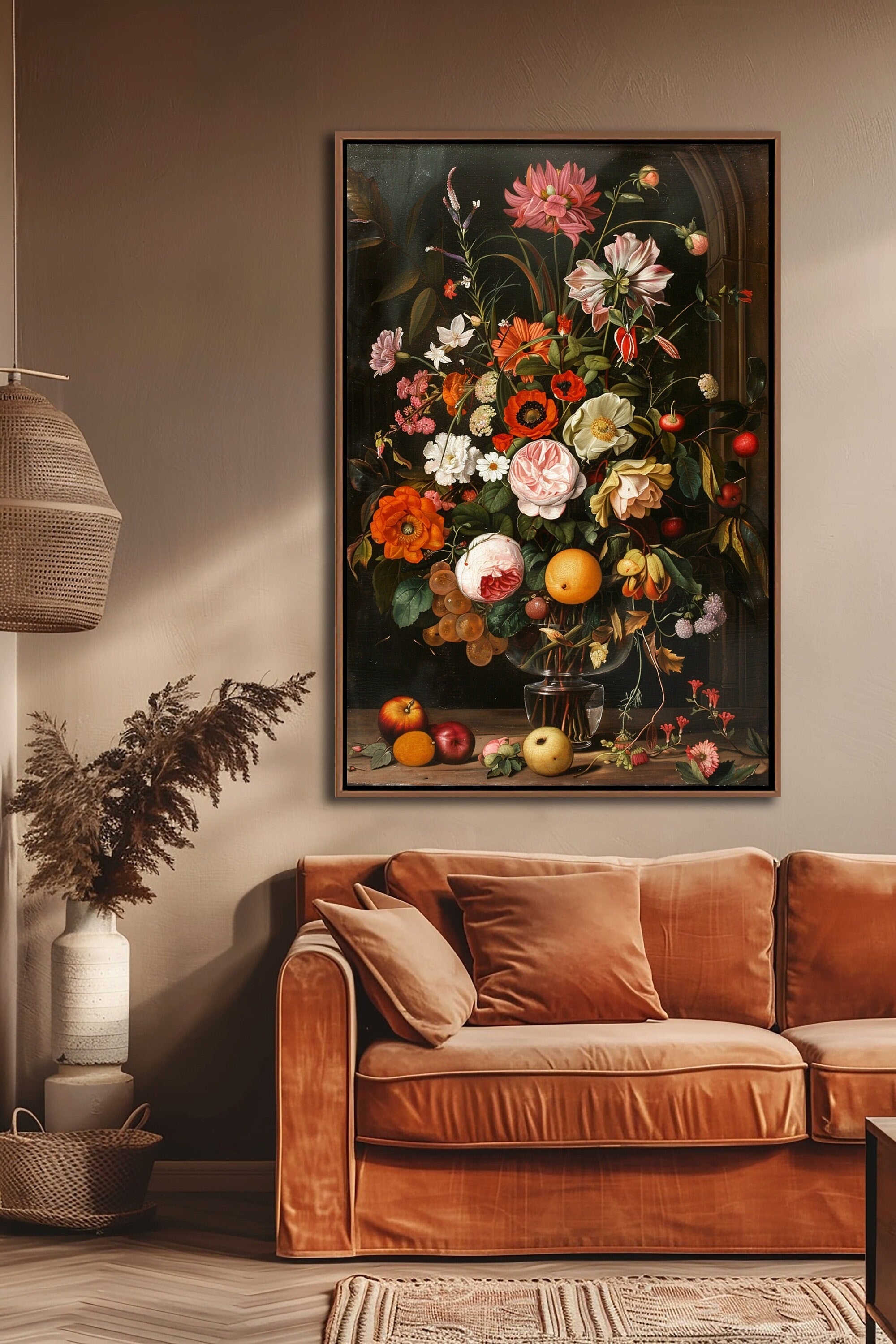Still Life With Flowers and Fruits Wall Art – Framed Canvas Print of Classic Floral & Fruit Painting