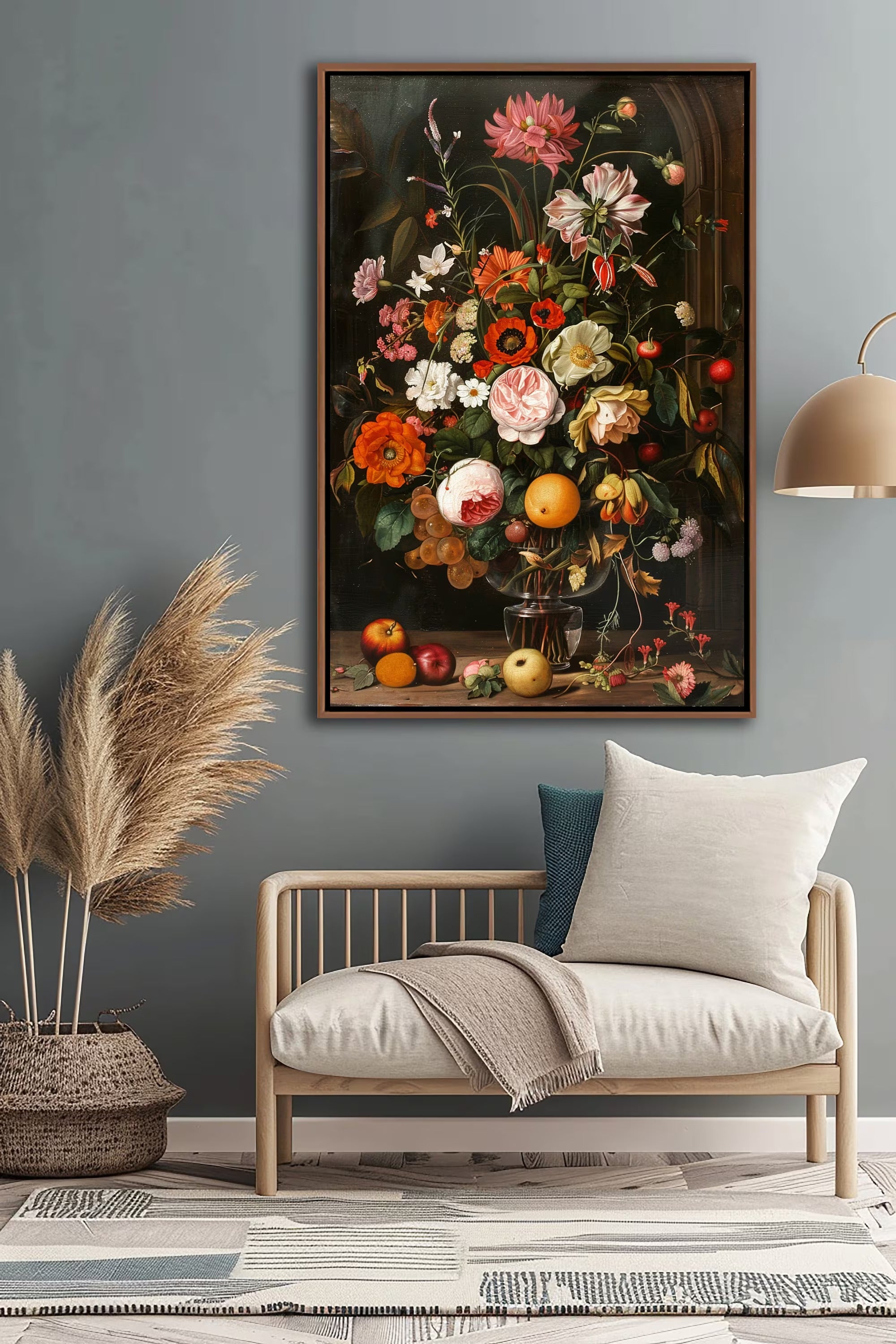 Still Life With Flowers and Fruits Wall Art – Framed Canvas Print of Classic Floral & Fruit Painting
