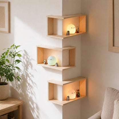 Corner Floating Wood Shelf – Wall Mounted Display Rack for Plants and Ornaments