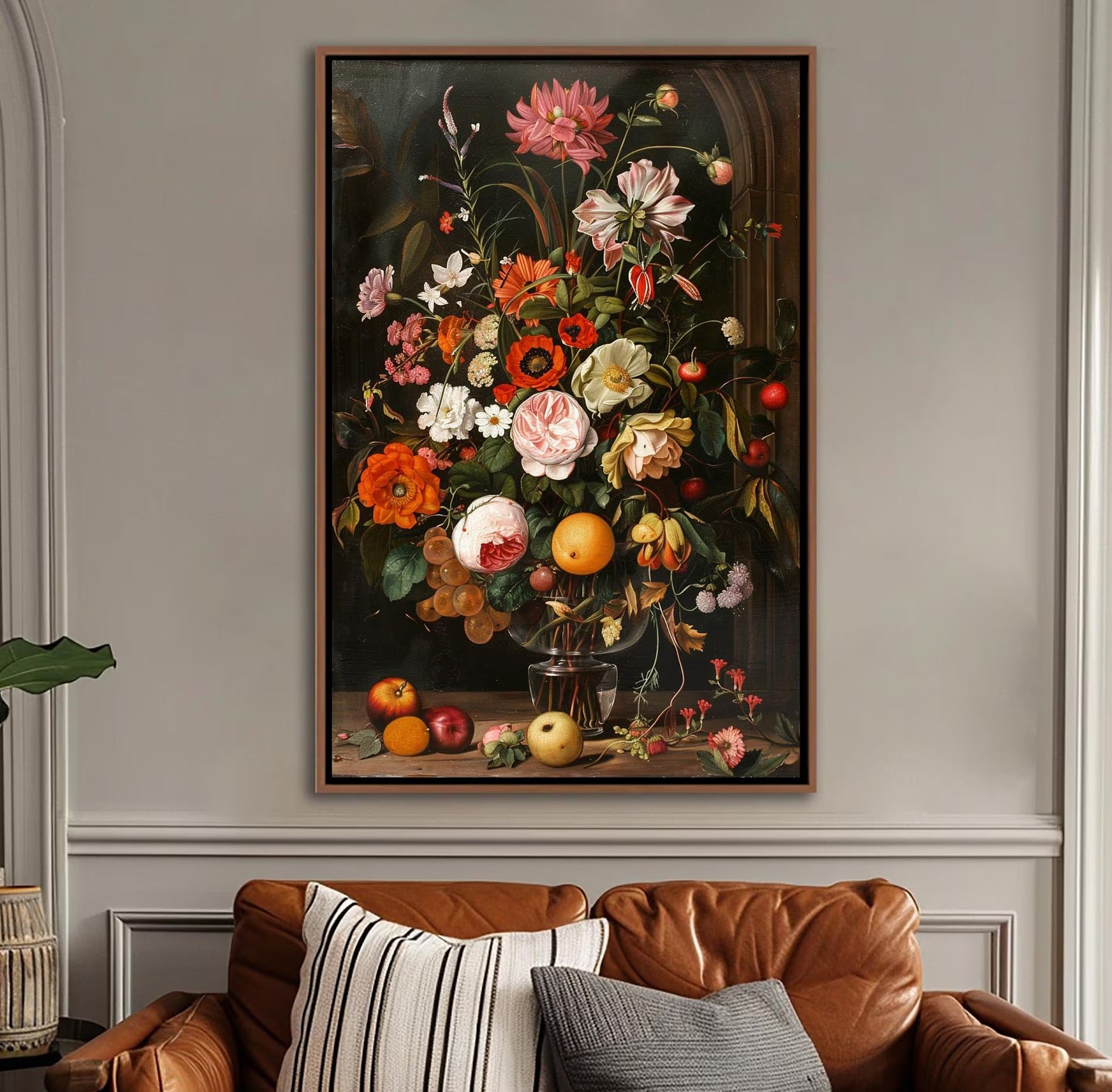 Still Life With Flowers and Fruits Wall Art – Framed Canvas Print of Classic Floral & Fruit Painting