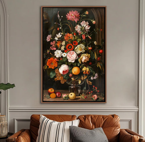 Still Life With Flowers and Fruits Wall Art – Framed Canvas Print of Classic Floral & Fruit Painting