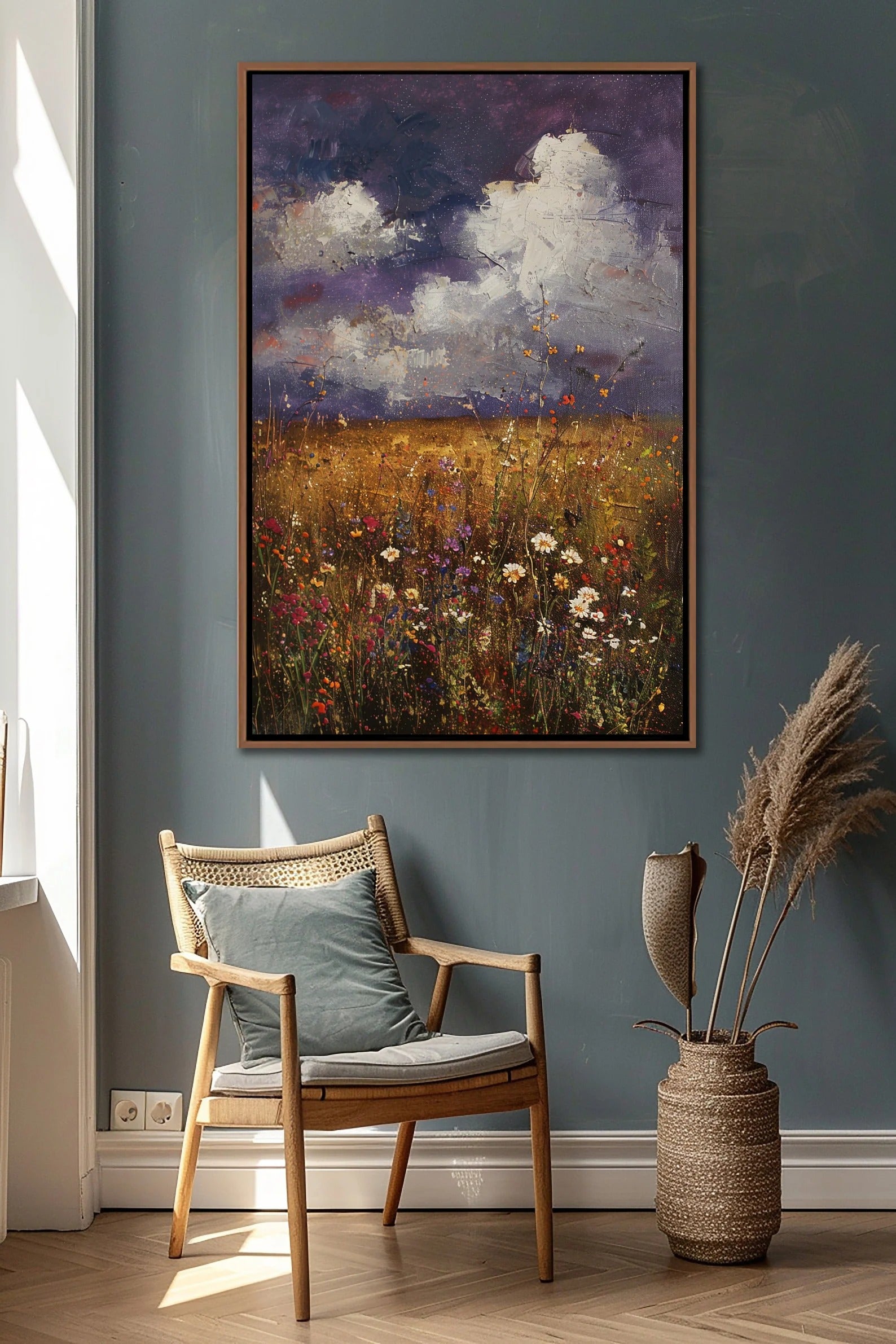 Framed Spring Wildflowers Wall Art – Field of Wildflowers Canvas Print with Floating Frame, Ready to Hang, Home Decor for Living Room Bedroom Office
