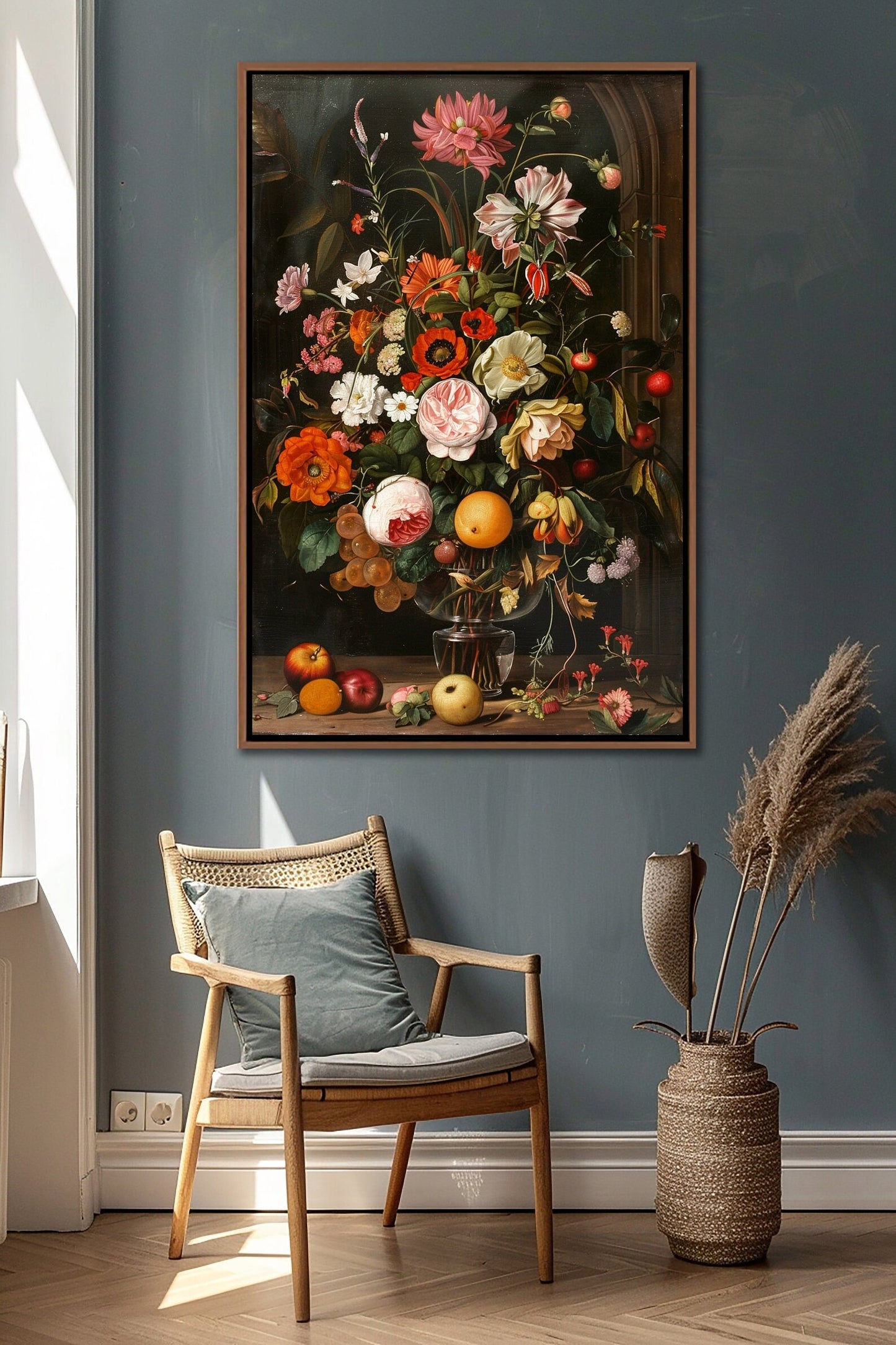 Still Life With Flowers and Fruits Wall Art – Framed Canvas Print of Classic Floral & Fruit Painting